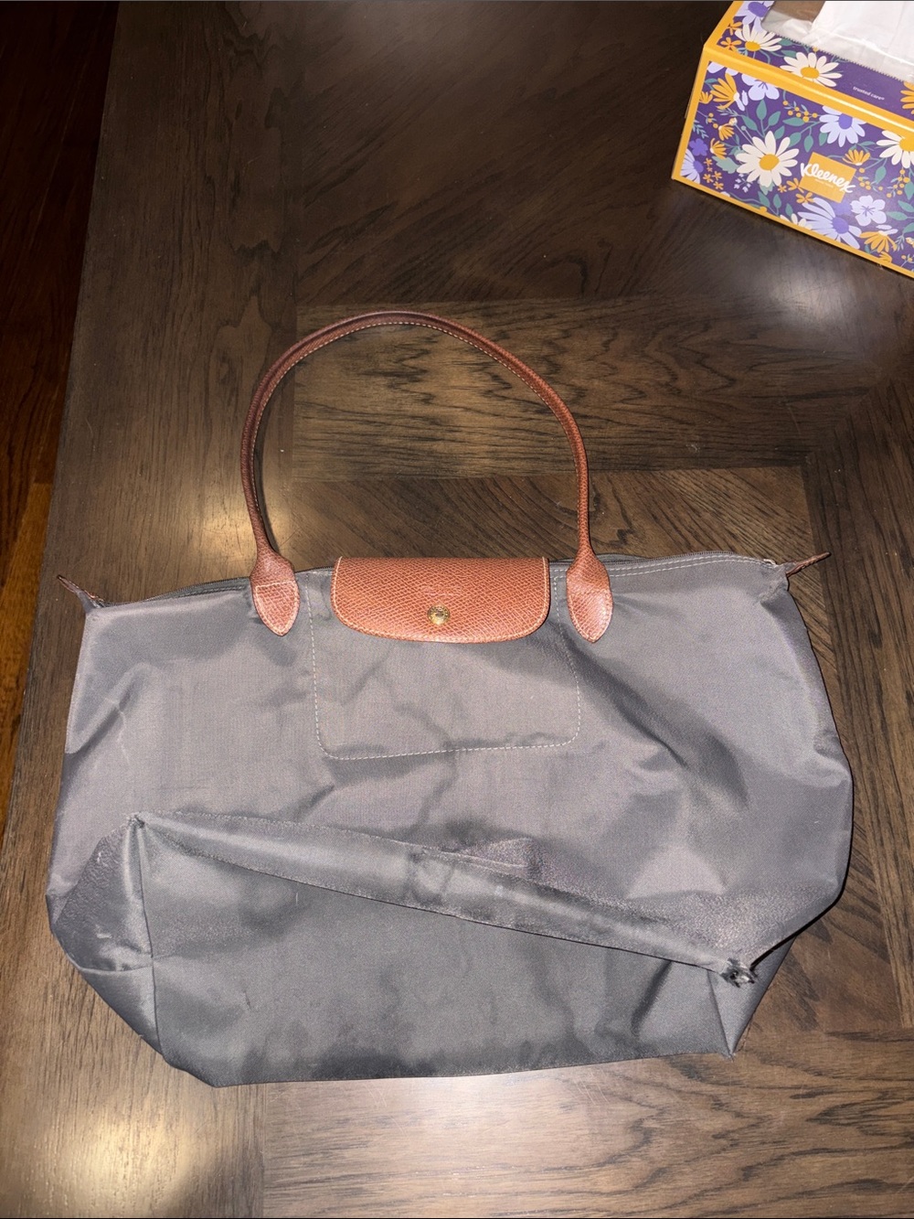 Longchamp grey Tote with Brown Leather Trim